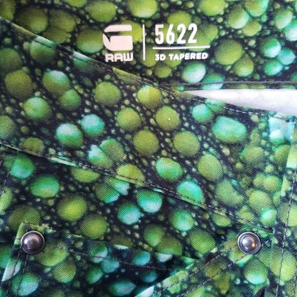 GStar RAW Green Elwood Pharrell 5622 Green Iguana Tape print 3D Tapered Jeans - Picture 5 of 12